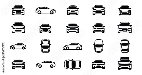 Diverse collection of car icons viewed from front, side, and top, automotive themes