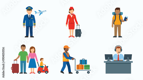 Air Travel & Airport Staff and Passenger Flat Design Vector Icons Set: Pilot, Flight Attendant, Tourists, Family
