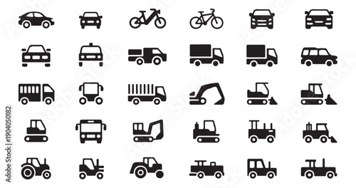 Industrial vehicle icon collection featuring cars trucks tractors and construction machines