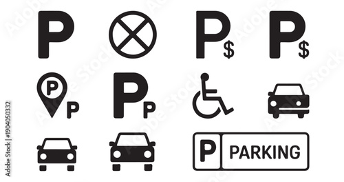 Set of parking icons with various designs for navigation maps and car park facility services