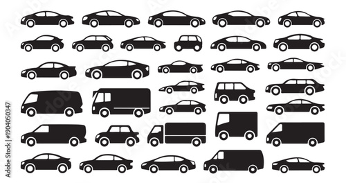 Set of black car icons in various styles, transportation signs, different forms of auto