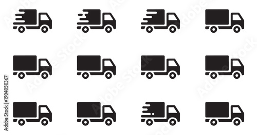 Set of delivery truck icons in various styles, freight transport symbol, fast shipping concept