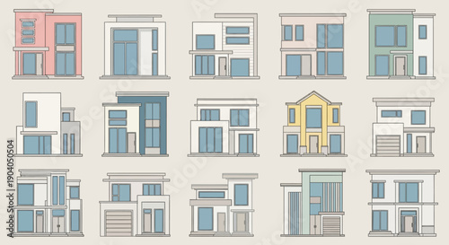Modern Houses Vector Collection. Grid of 15 diverse residential building facades. Contemporary minimalist architectural illustration for real estate and housing.