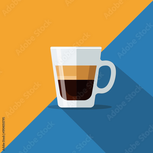 Espresso coffee in glass cup, flat design, orange and blue background