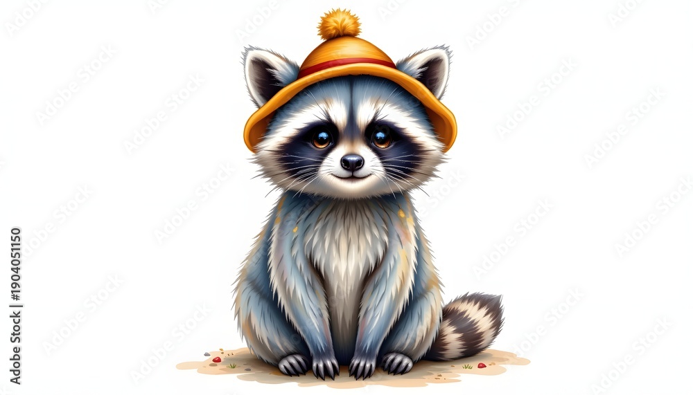 Fototapeta premium Cute watercolor raccoon wearing a tiny hat, sitting still, isolated on white background