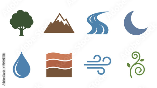 Set of Nature Element Icons: Tree, Mountain, River, Moon, Water Drop, Earth Layers, Wind, and Vine. Flat Design Symbols
