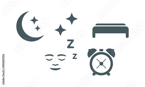Sleep and Night Icons Set Moon Bed Alarm Clock Flat Vector Illustration