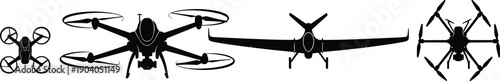 Drone silhouette set featuring quadcopter, fixed wing UAV, and multicopter aerial vehicles, modern unmanned aircraft icons isolated on white background for technology concepts
