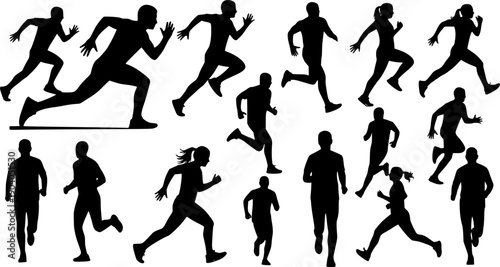 Black silhouette set of people running in motion, isolated on white background