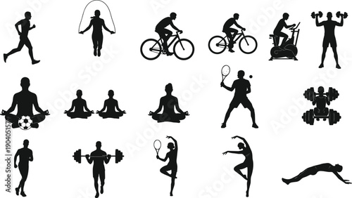 Fitness and sports activity silhouettes set showing running, cycling, yoga, meditation, strength training, and workout exercises isolated on white background for healthy lifestyle and training 