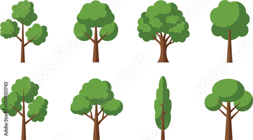 Flat vector illustration set of green trees in different shapes and styles, isolated on white background for nature design, landscaping, and ecology concepts
