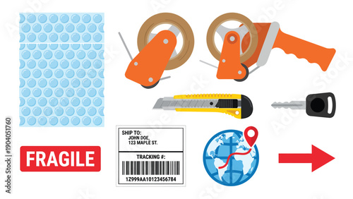 Packaging, Shipping & Delivery Supplies Icons Set: Bubble Wrap, Tape, Labels, Tracking, Fragile