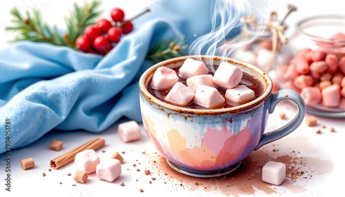 Watercolor object: single steaming bowl of cocoa with marshmallows, cozy wash, isolated on white background