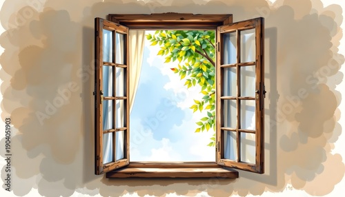 Watercolor view: single open window with flowing curtain, airy wash, no text