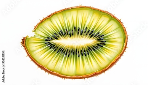 Watercolor fruit: single kiwi slice, delicate seeds, isolated on white background