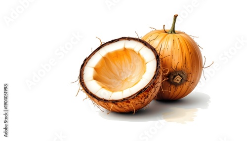 Watercolor fruit: single coconut half, subtle wash, isolated on white background