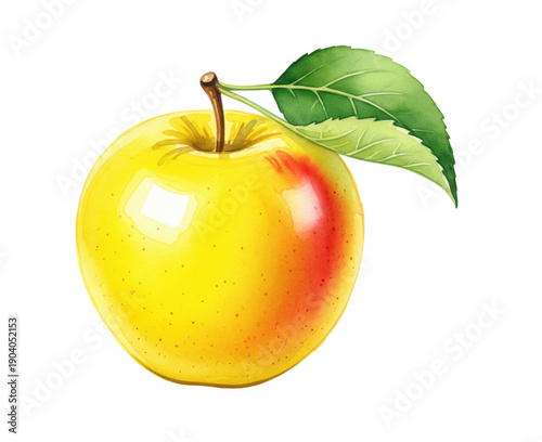 Yellow ripe apple with green leaves watercolor illustration isolated on white background for healthy eating