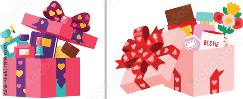 A vibrant vector set featuring a hugging couple, friendship bracelets, movie night popcorn, a martini, and overflowing gift boxes—all themed around love, friendship, and celebration.