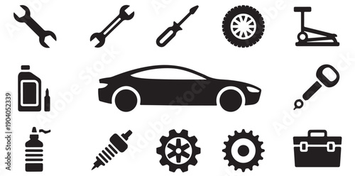 Modern car repair icons featuring sport sedan wrench screwdriver tire jack oil and toolbox