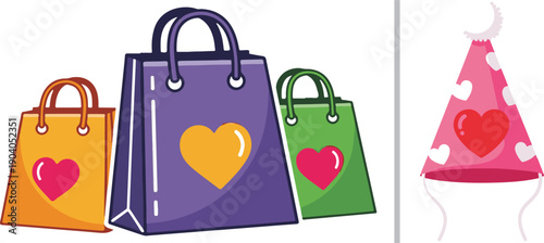 Three colorful shopping bags in orange, purple, and green featuring heart motifs alongside a pink cone-shaped party hat decorated with white and red hearts. A cheerful, flat vector set.