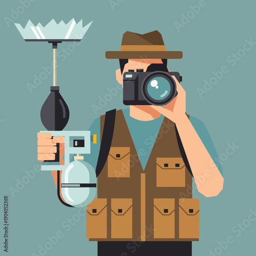 Photographer with camera and equipment, flat illustration