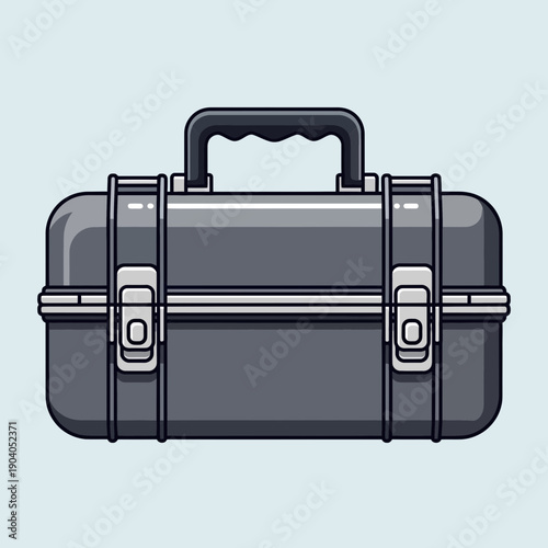 Hard-shell gray case with handle and latches, isolated on light blue background