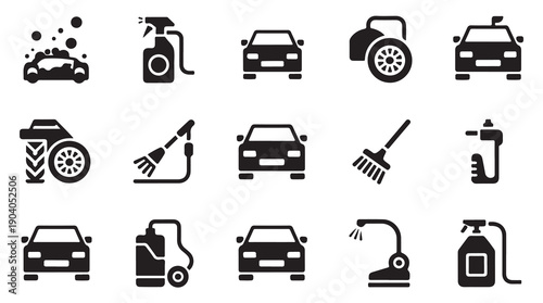 Car wash and cleaning service icons featuring foam sprayer vacuum and pressure washer tools