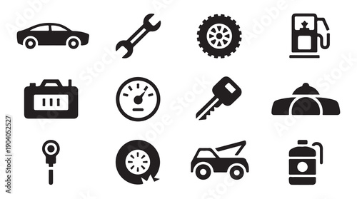 Car diagnostic and repair symbols including battery fuel and towing services for auto shops