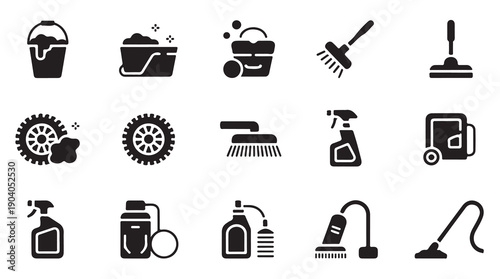 Set of car wash and cleaning service icons including buckets, brushes, and vacuum cleaners