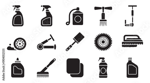 Set of car wash and detailing product icons including sprayers, brushes, and cleaning supplies