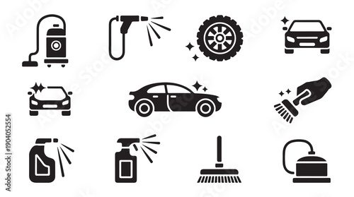 Set of car wash and detailing icons including vacuum, sprayers, cleaned car, and shining tire