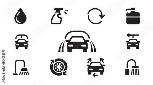 Car wash process icons set for automotive cleaning service and detailing operations