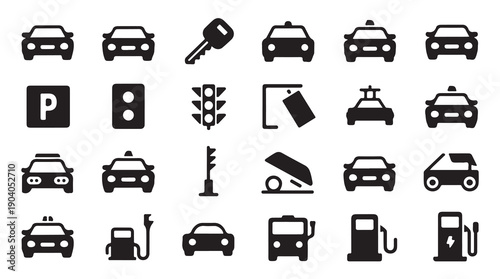 Modern set of city transport and traffic icons car taxi traffic light key parking sign electric vehicle.