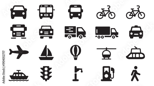 Diverse transport and travel icons car bus bicycle airplane boat helicopter hot air balloon traffic light.