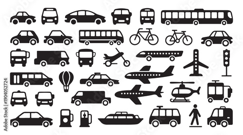 Variety of transportation vehicles icons car bus truck airplane helicopter boat traffic light gas station.