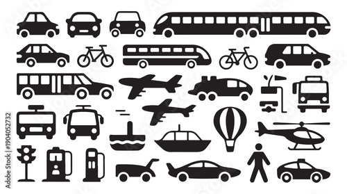 Comprehensive transportation icons car bus bicycle airplane train hot air balloon traffic light electric car.