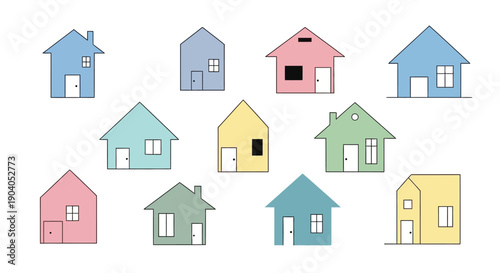 Simple Pastel House Shapes Vector Illustration Set. Modern Minimalist Home Community Background