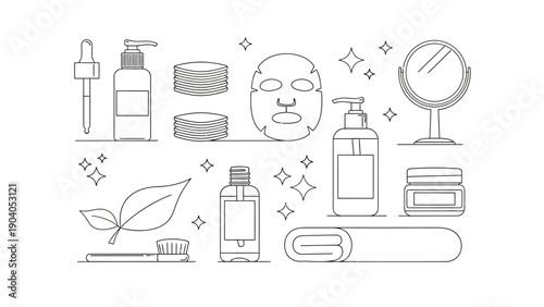Outline vector collection of skincare and beauty products.