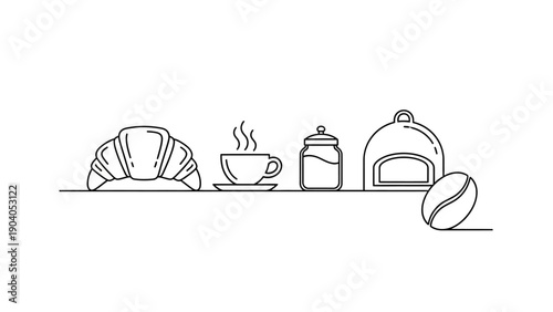 Minimalist line art of breakfast items: coffee, croissant, and sweets.
