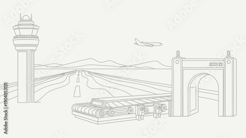 Minimalist airport illustration with control tower, airplane, runway, and baggage claim.