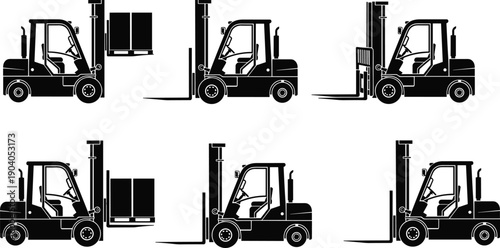 Forklift truck silhouette set showing industrial warehouse vehicles lifting and transporting pallets, logistics and material handling equipment icons isolated on white background for supply chain 