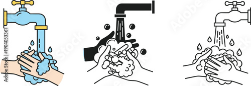 Hand washing icons set showing proper hygiene steps with soap and water, clean hands concept illustration isolated on white background for health and safety education