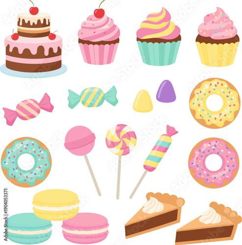Sweet bakery and dessert collection with chocolate cake cupcakes donuts macarons lollipops and assorted candies