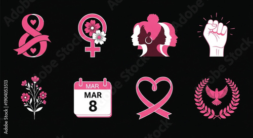 Women’s Day Symbol Icon Set – 8 March Feminine Empowerment, Ribbon and Equality Signs