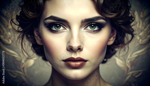 Portrait of a woman with striking eyes and elegantly styled hair, set against a detailed, decorative background