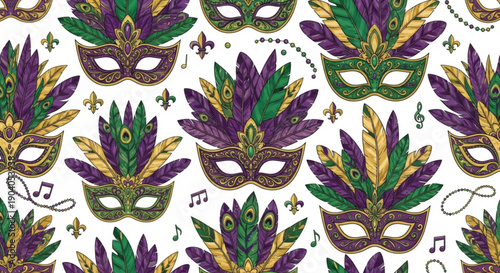 Mardi gras masks with colorful feathers and beads on white background