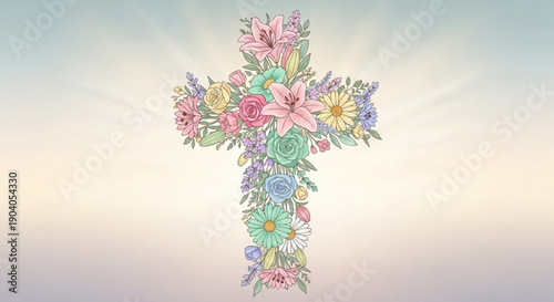 Colorful floral cross with pink blue and yellow flowers on gradient background