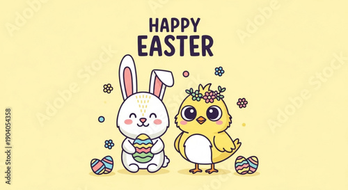 Easter bunny and chick with eggs and flowers on yellow background