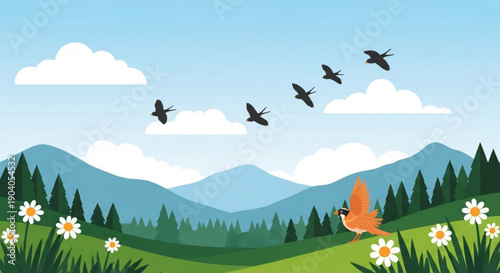 Butterfly and birds in a serene mountain landscape with flowers and trees