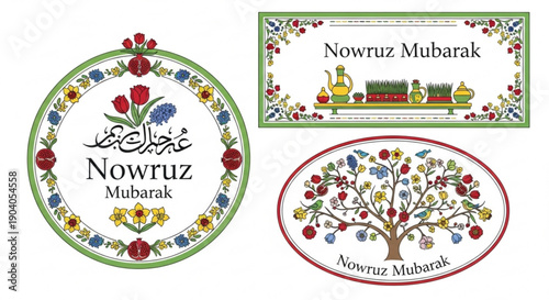 Nowruz mubarak greeting cards and symbols with floral patterns